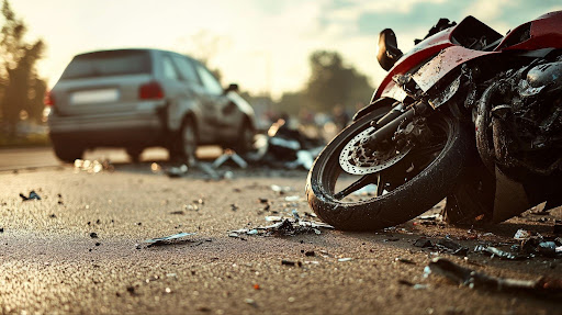 Damaged motorcycle and car after accident, illustrating catastrophic injury claims and liability.