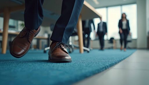 Man in dress shoes walking in a law office, criminal defense strategies and legal assistance.