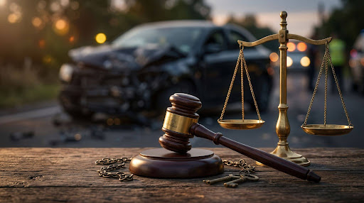 Damaged car and scales of justice representing injury case compensation and liability.