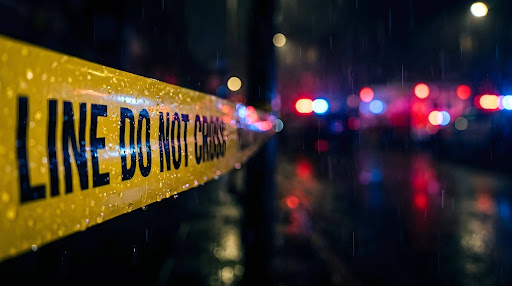 Liability scene with police lights and caution tape in the rain.