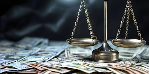 Scales of justice and money representing personal injury compensation and liability.