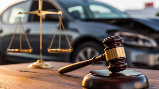 Scales of justice and gavel over damaged car representing premises liability and injury claims.