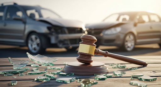 Car accident liability and legal negotiation with gavel and damaged vehicles
