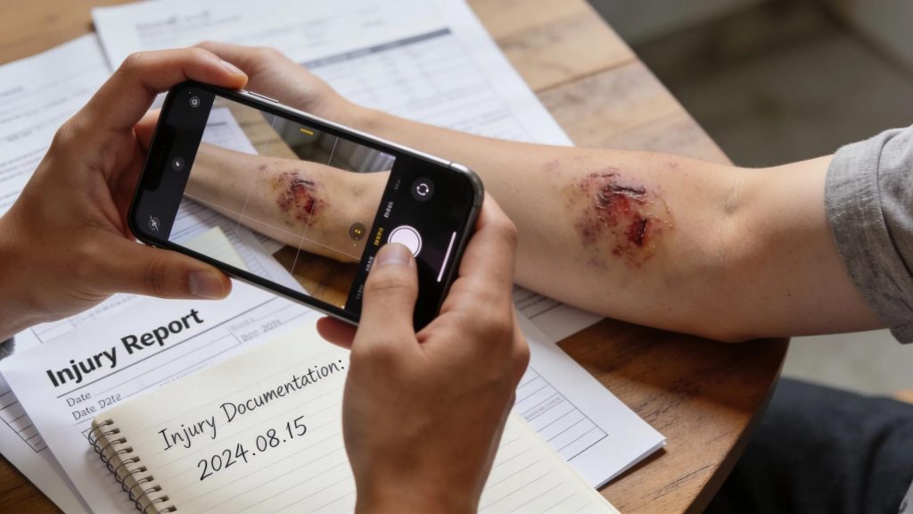 Individual documenting injuries with a smartphone, surrounded by medical records, showcasing proper evidence collection
