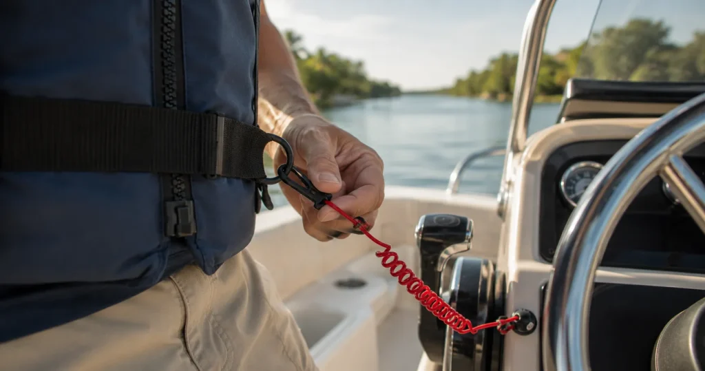 Engine cut-off switch lanyard attached to a boat operator