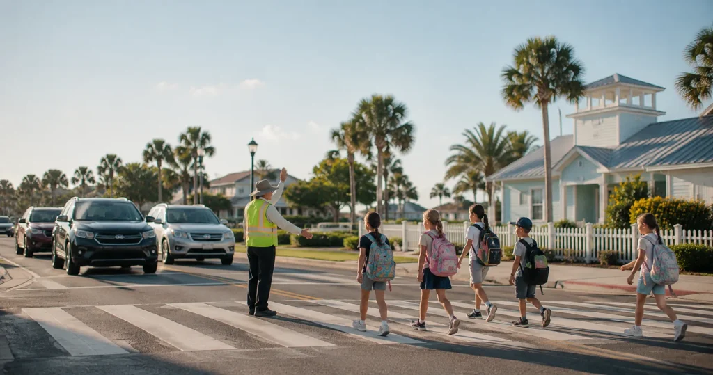 Crossing guard helping schoolchildren cross a Tarpon Springs street