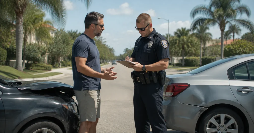 Police officer completing a crash report at the scene