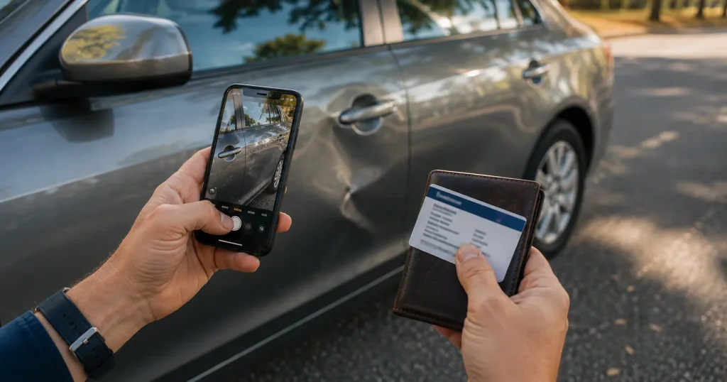 Photographing vehicle damage and license plate as accident evidence