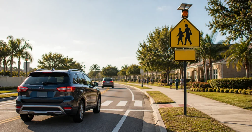 Driver slowing down for a flashing school zone speed limit sign