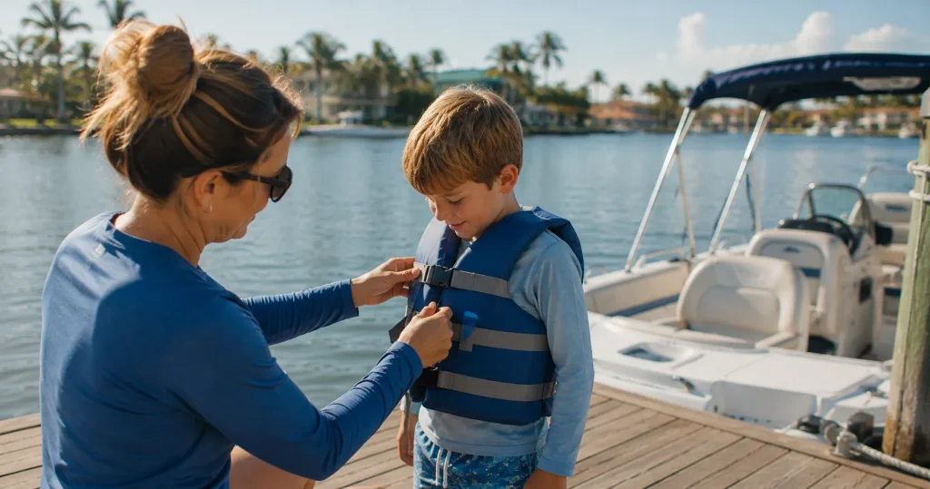 Child wearing a life jacket aboard a boat
