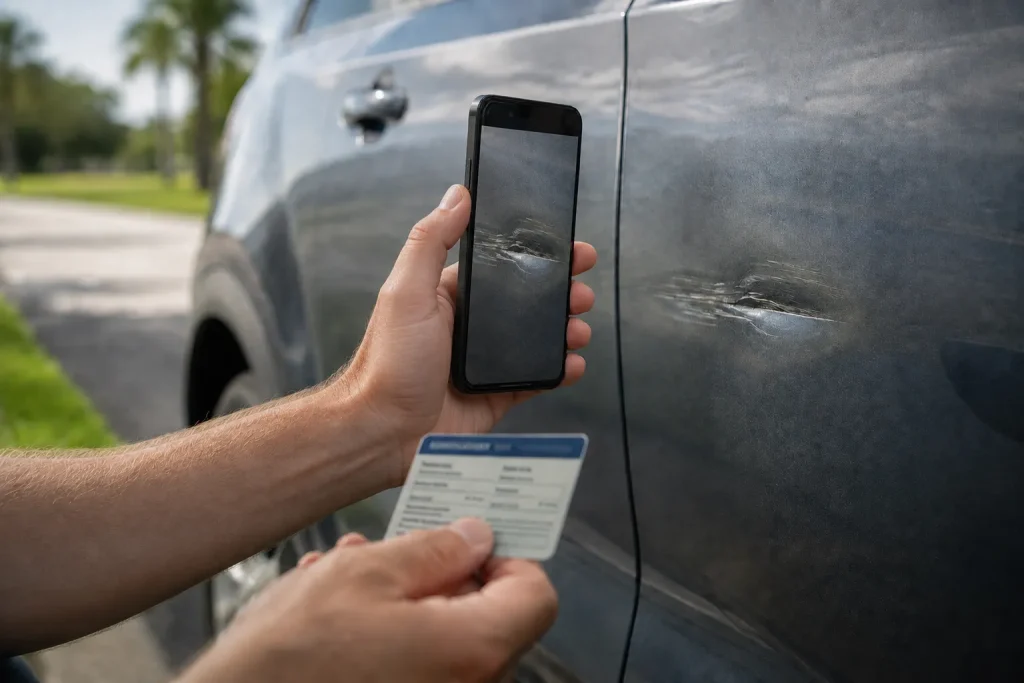 Driver photographing vehicle damage and license plate for documentation