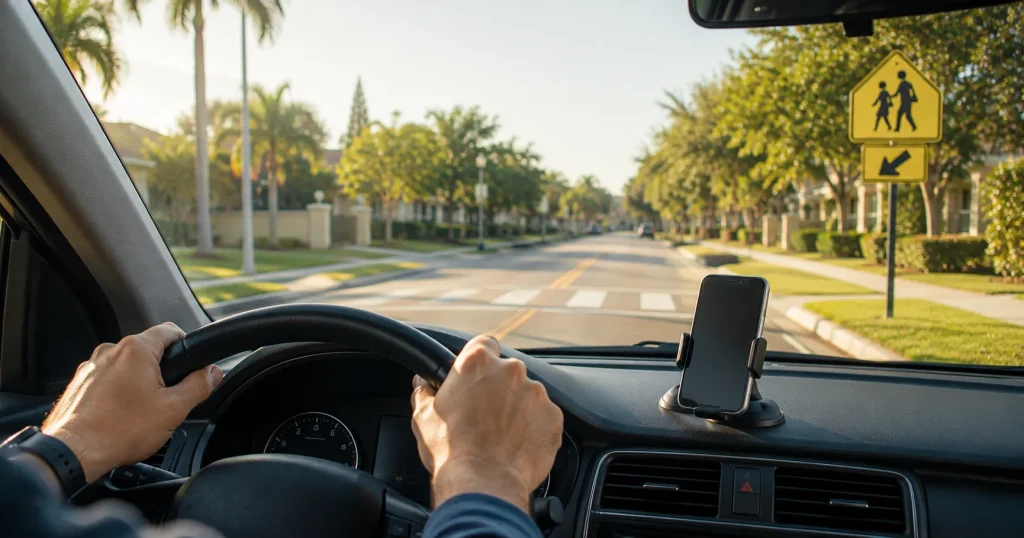 Driver using a hands-free phone setup while approaching a school zone