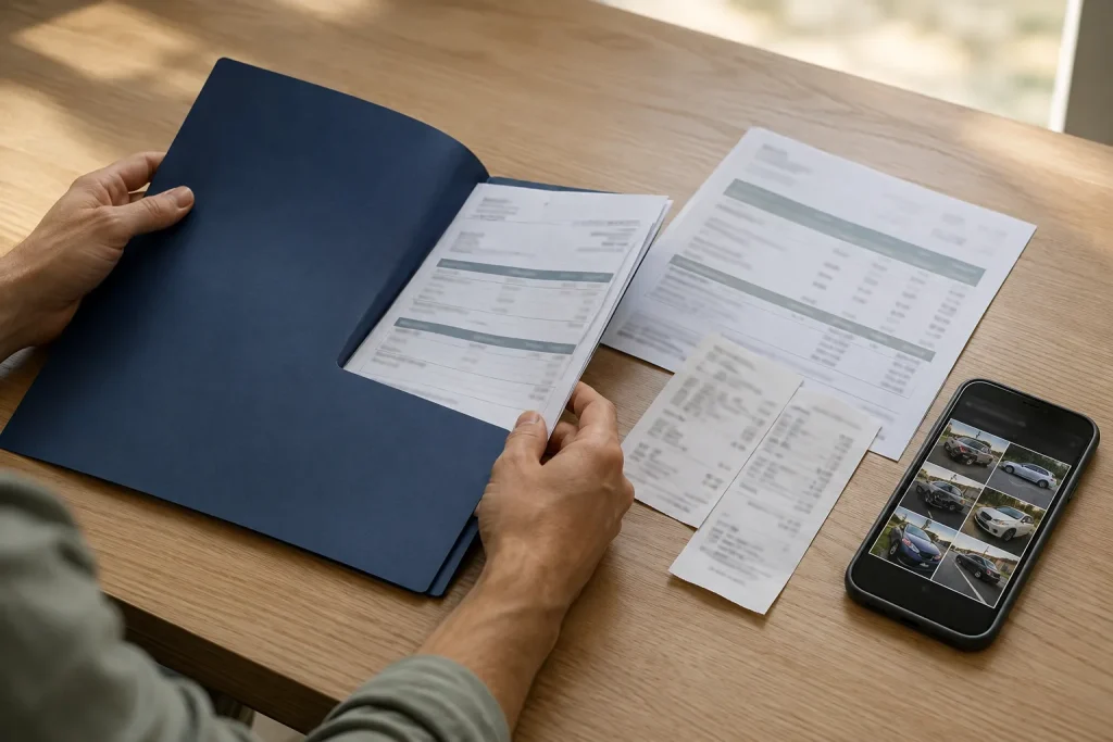 Organized folder of medical bills and accident records on a desk