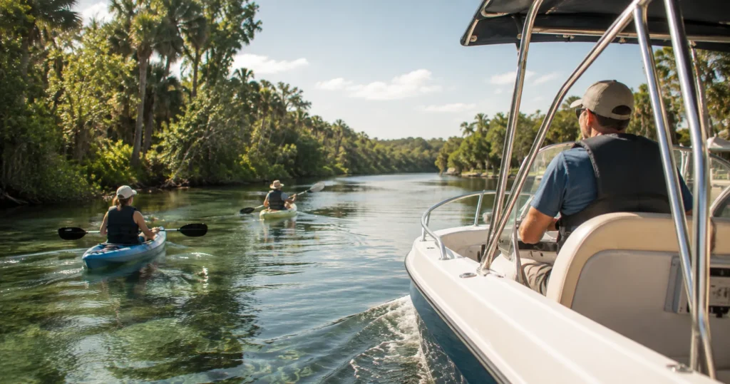 Kayakers and manatees sharing the Weeki Wachee River