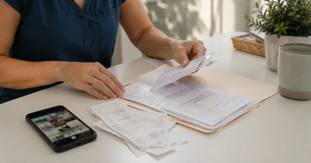 Folder of medical bills and accident records kept organized