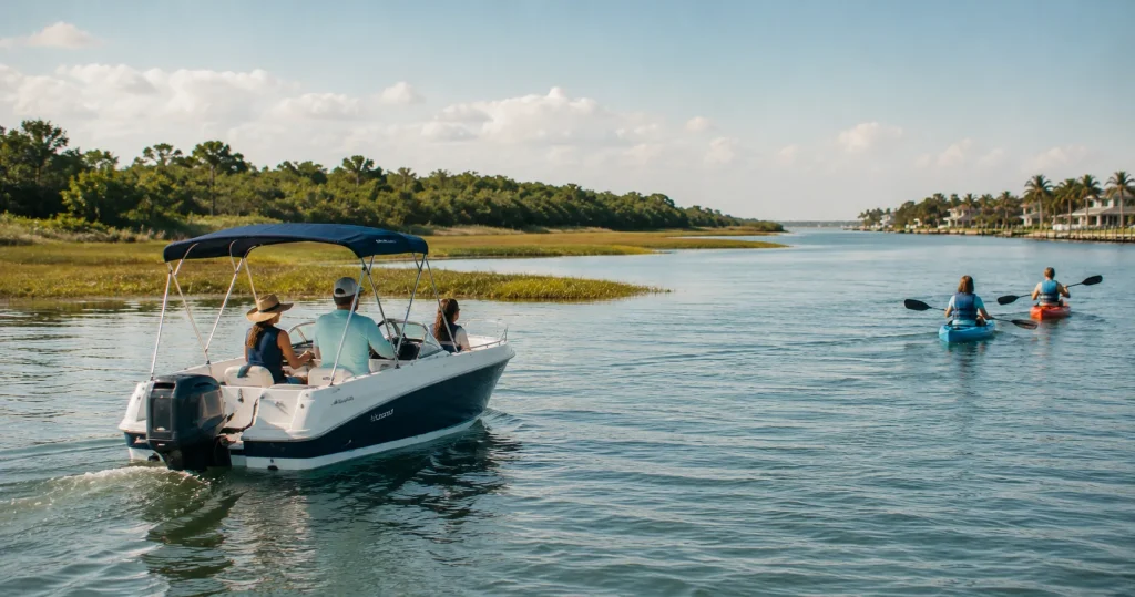No-wake zone marker near seagrass and manatee habitat