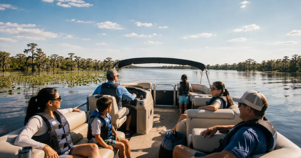 Pontoon boat cruising the Tsala Apopka lakes near Inverness