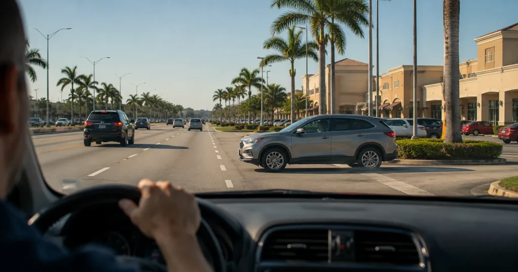 Vehicle merging from a plaza driveway into U.S. 19 traffic