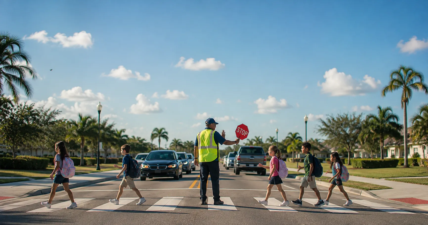 Crossing guard helping students cross safely near a New Port Richey school