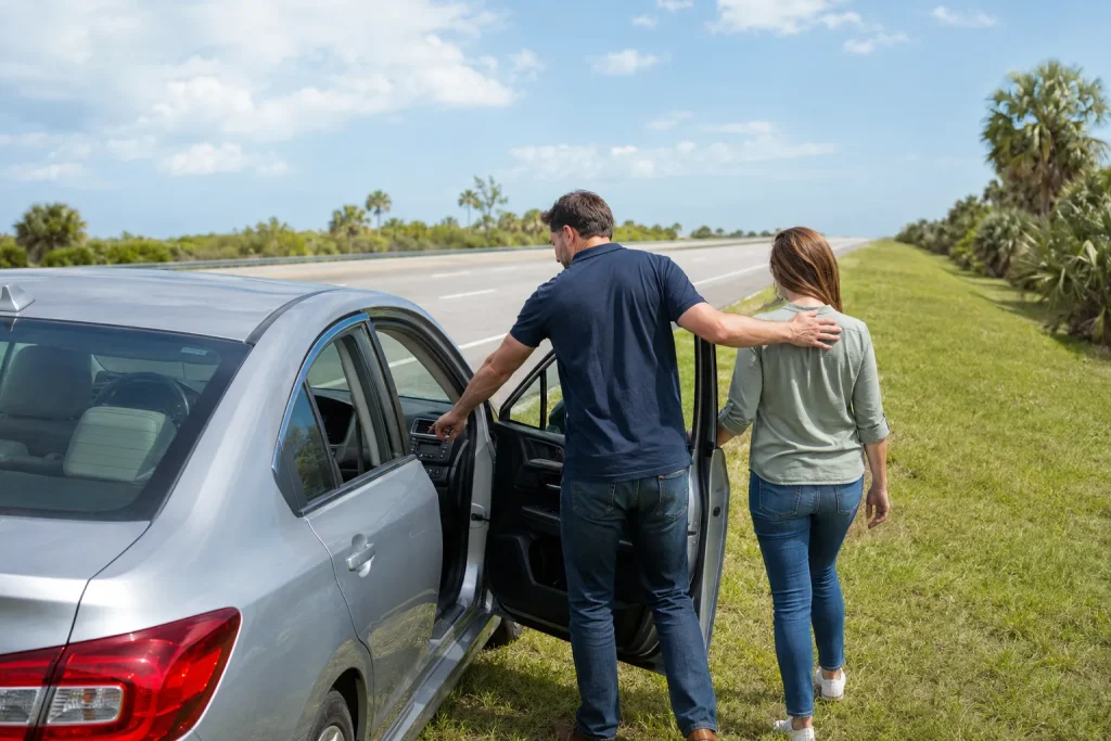 Driver checking for injuries and moving to safety after a crash