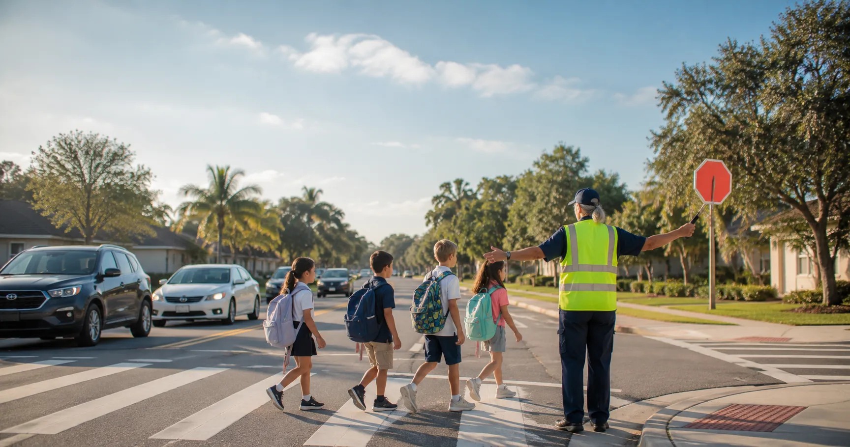 Crossing guard helping schoolchildren cross safely in Spring Hill