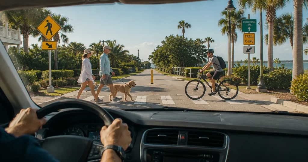 Pedestrians and cyclists crossing near the Pinellas Trail