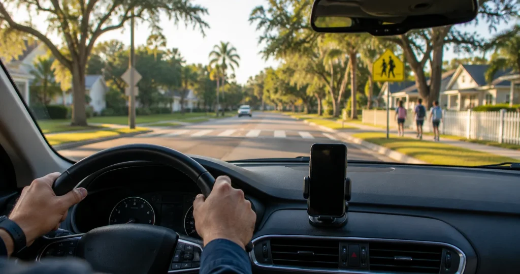 Driver keeping hands off phone while driving near a school zone