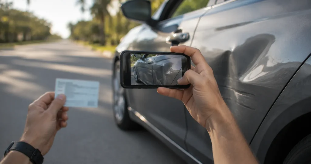 Driver photographing vehicle damage to document the accident