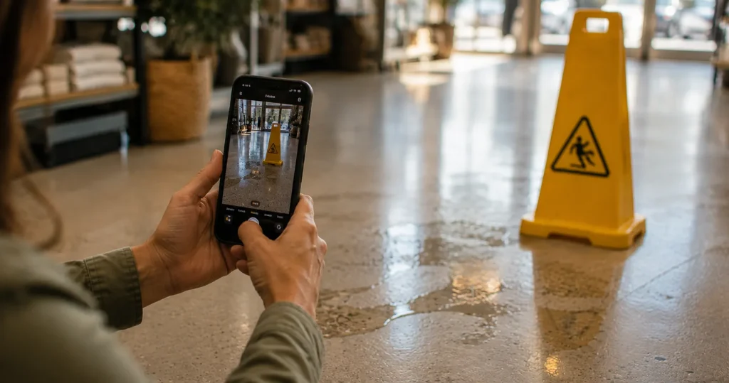 Smartphone photographing a wet floor hazard that caused a slip and fall