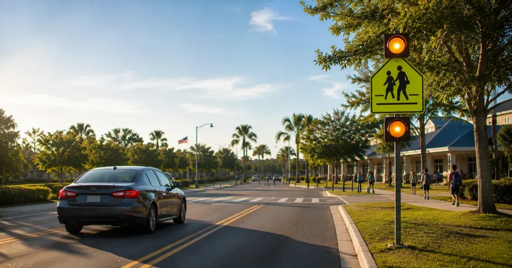 Flashing school zone speed limit sign on a Florida road