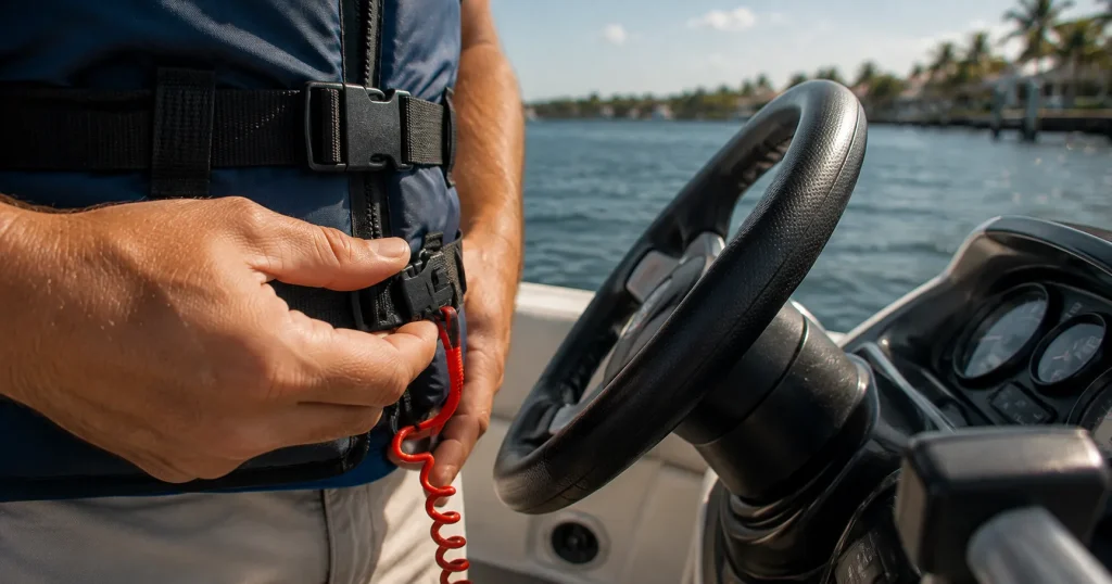 Engine cut-off switch lanyard attached to a powerboat helm