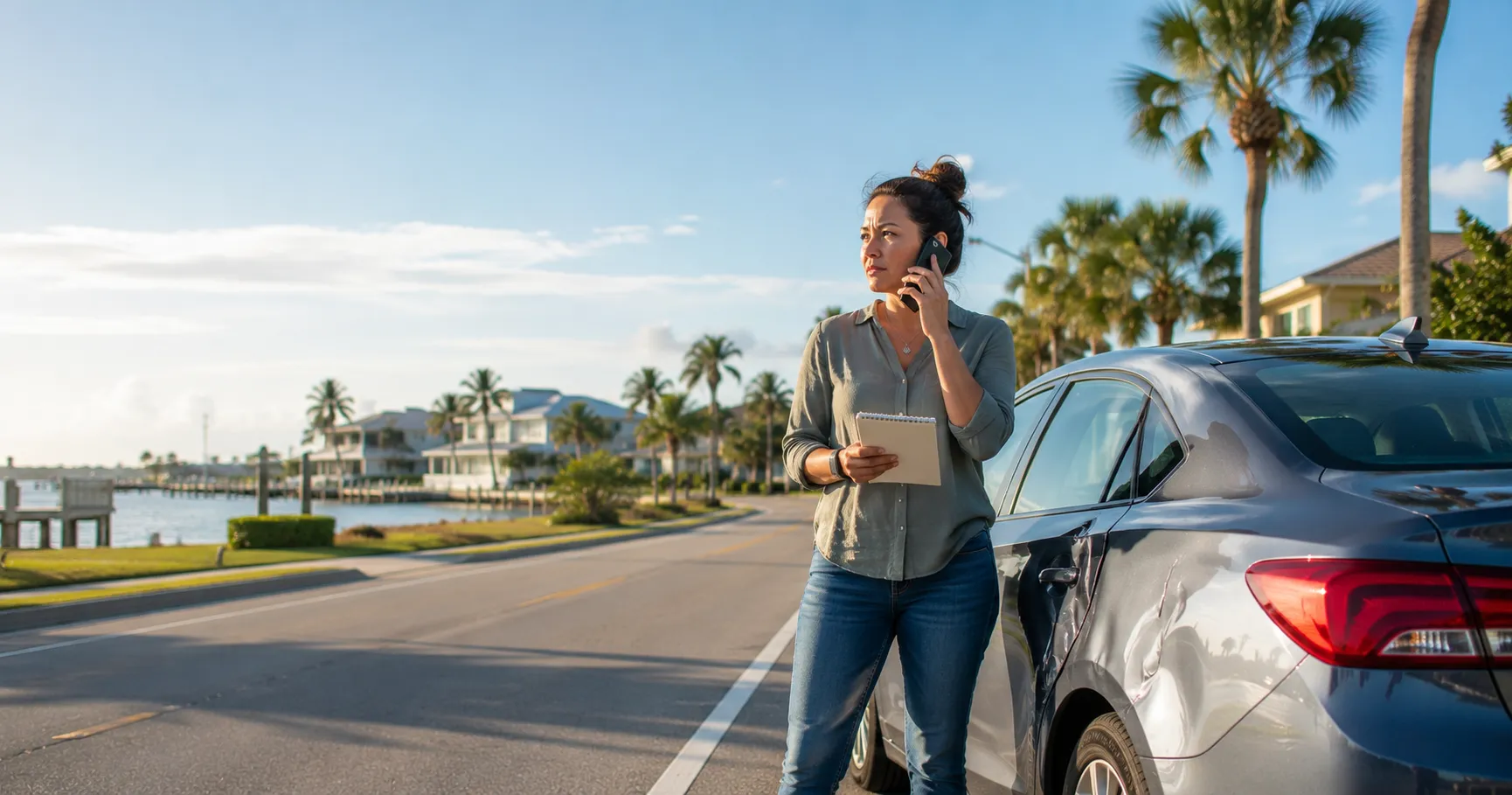 Car accident scene on a New Port Richey Florida road