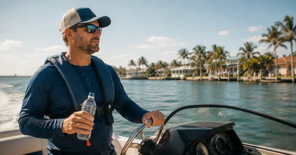 Boat operator at the helm on open water