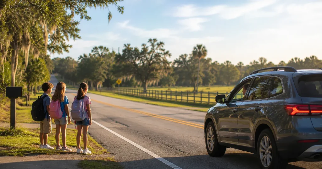 Children waiting at a rural roadside bus stop without sidewalks