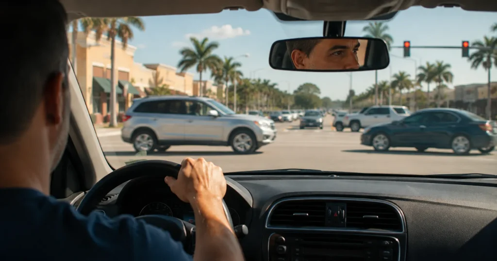 Driver scanning a busy intersection on U.S. 19 before proceeding