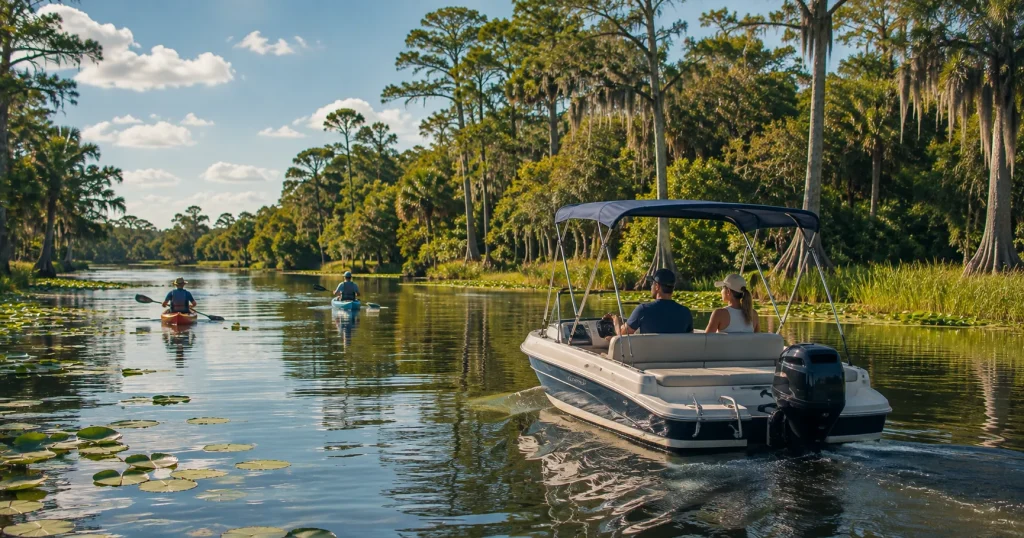 Shallow weedy cove with manatee habitat sign on Citrus County waters