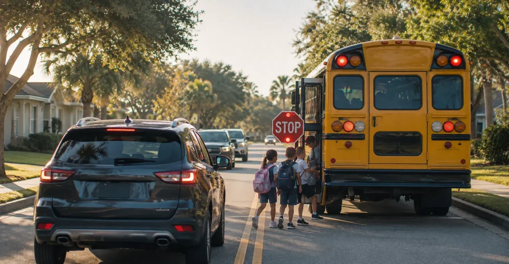 School bus with flashing red lights and extended stop arm