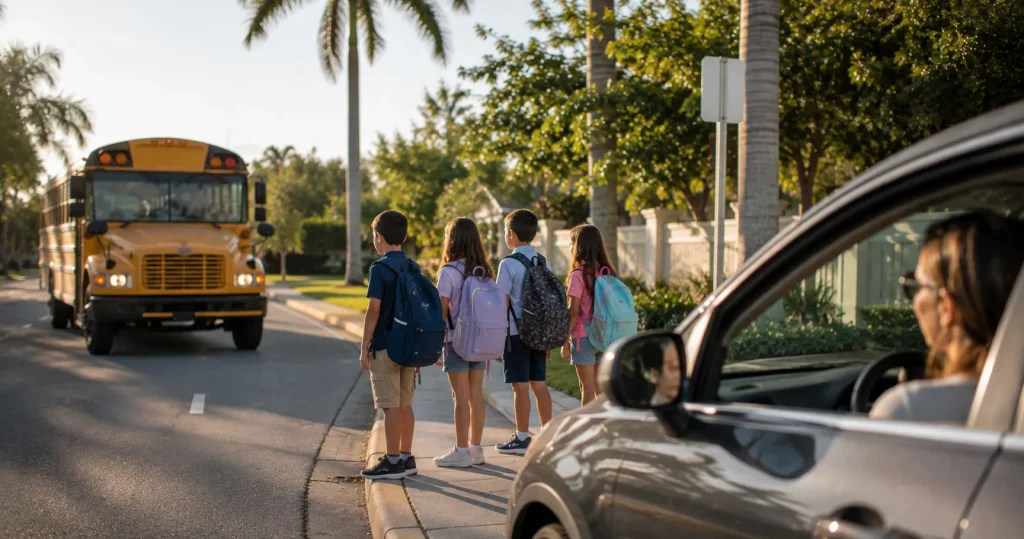 Children waiting at a crosswalk near a school bus stop