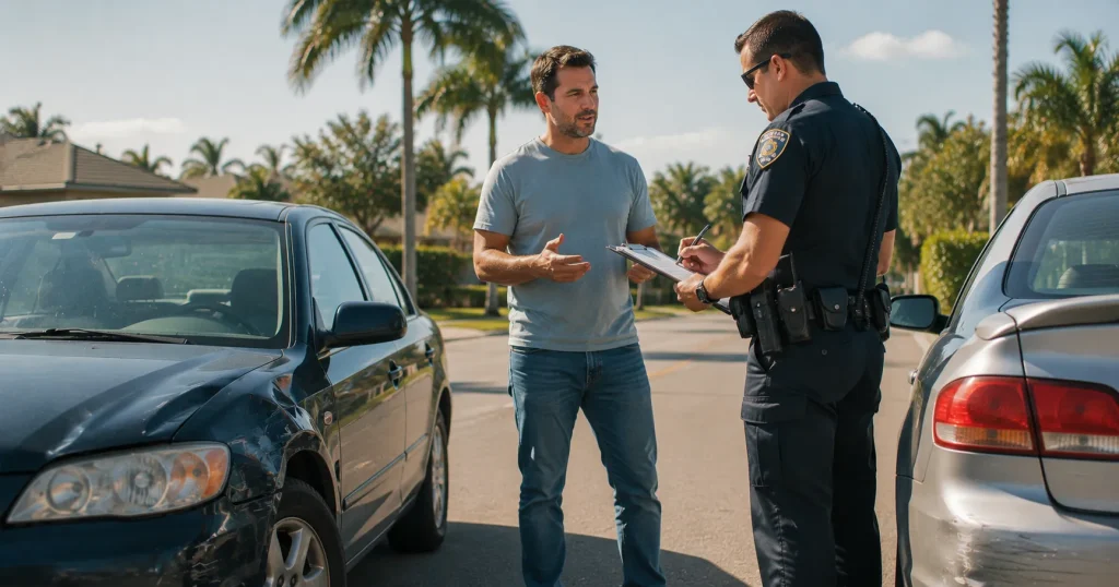 Police officer filing a crash report at an accident scene