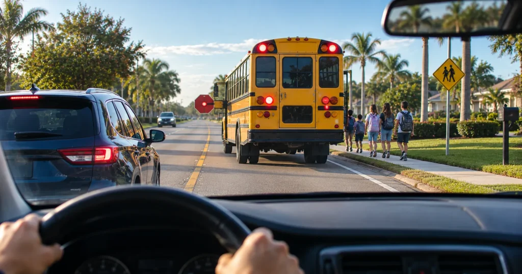 School bus with red lights and stop arm extended on a two-way road
