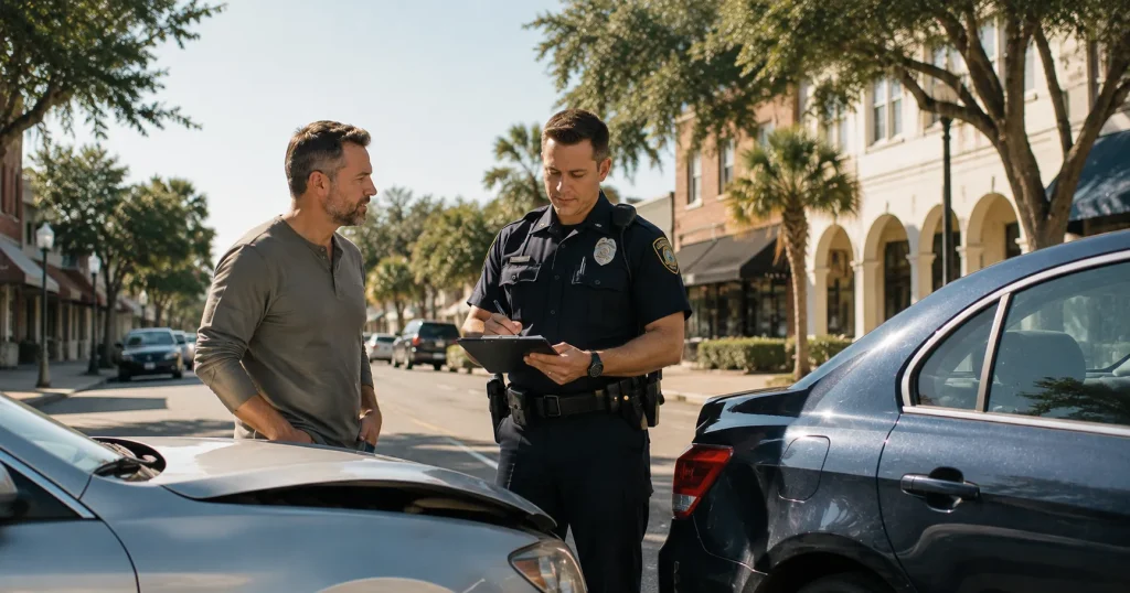 Police officer completing a crash report at the accident scene