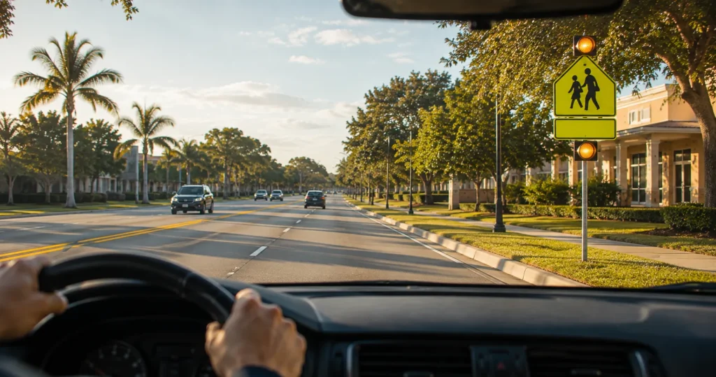 Flashing school zone speed limit sign warning drivers to slow down