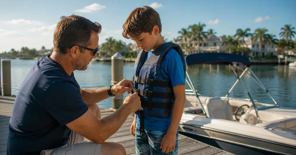 Child wearing a Coast Guard-approved life jacket on a boat
