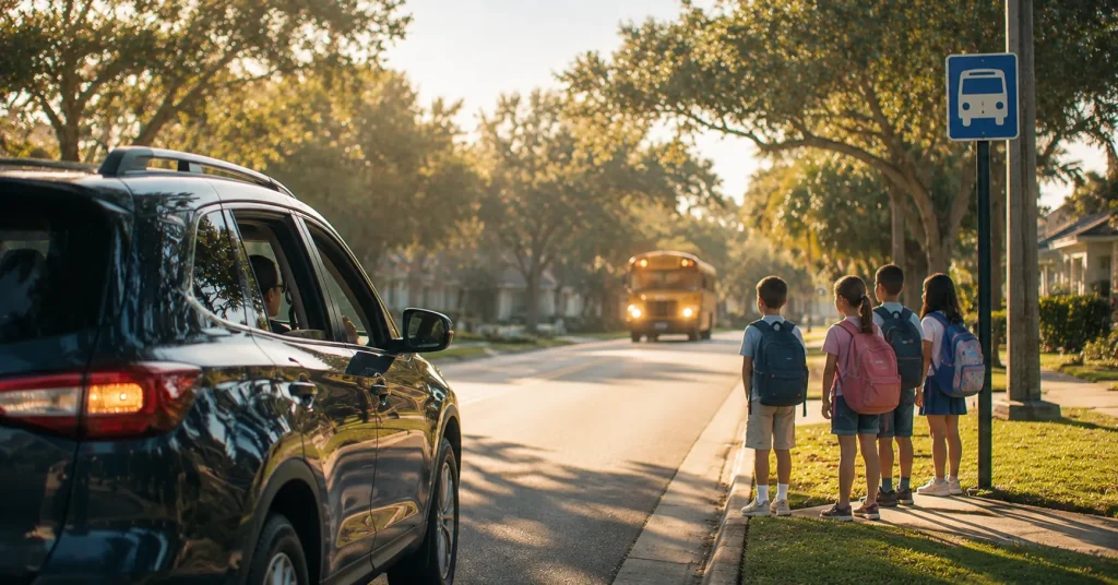 Children waiting at a crosswalk near a school bus stop