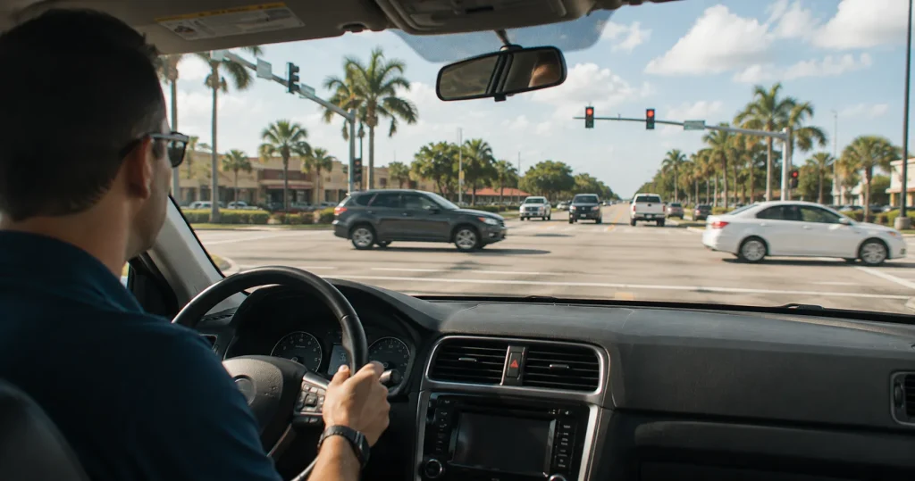 Car approaching a busy intersection on Alternate 19