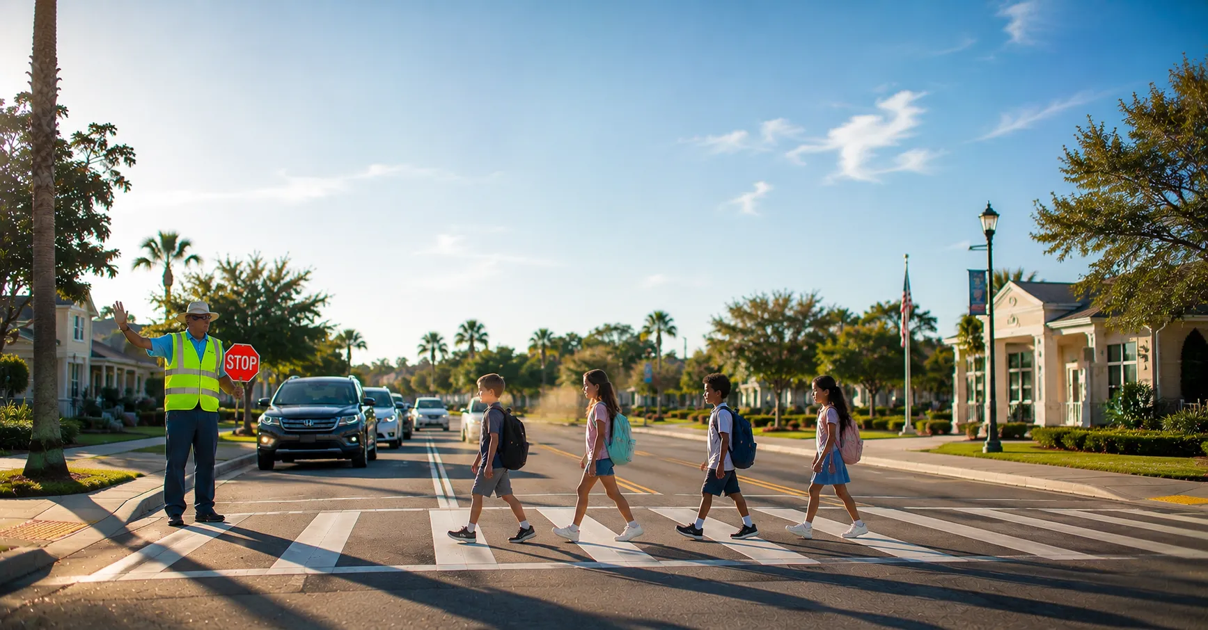 Crossing guard helping schoolchildren cross a street in Inverness