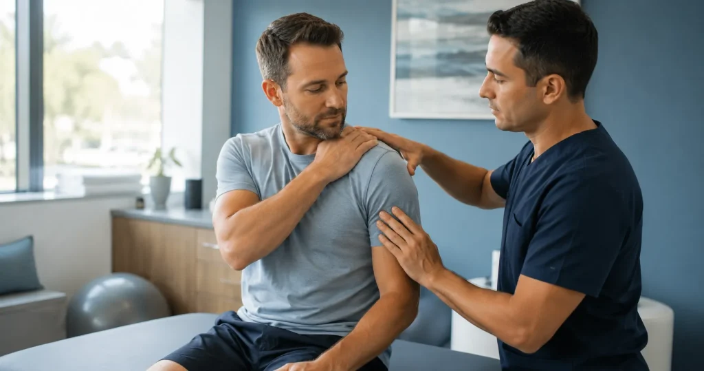 Doctor examining a patient for injuries after a car accident