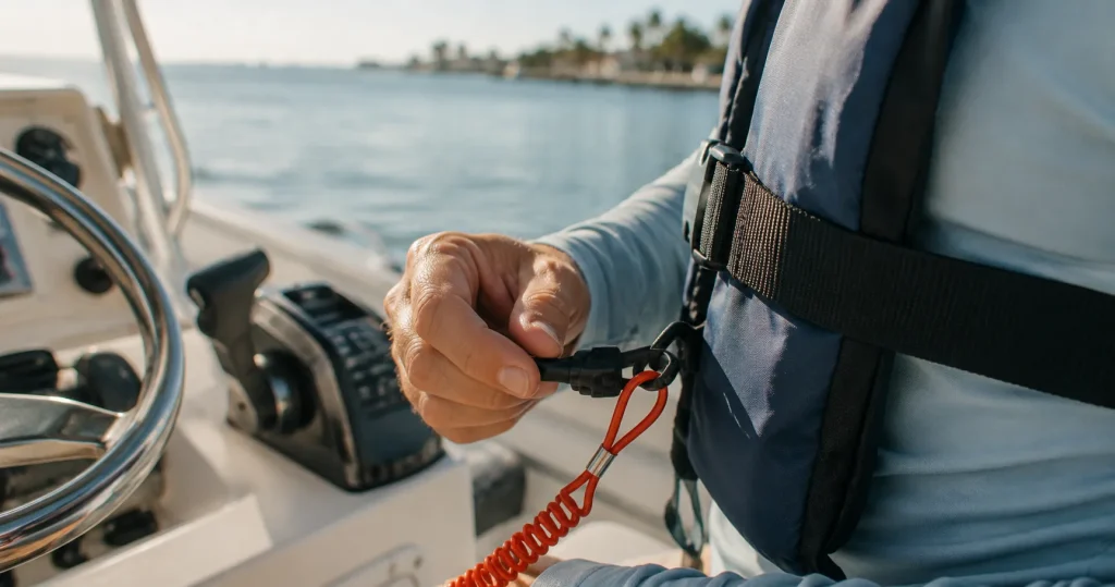 Engine cut-off switch lanyard attached to a boat operator