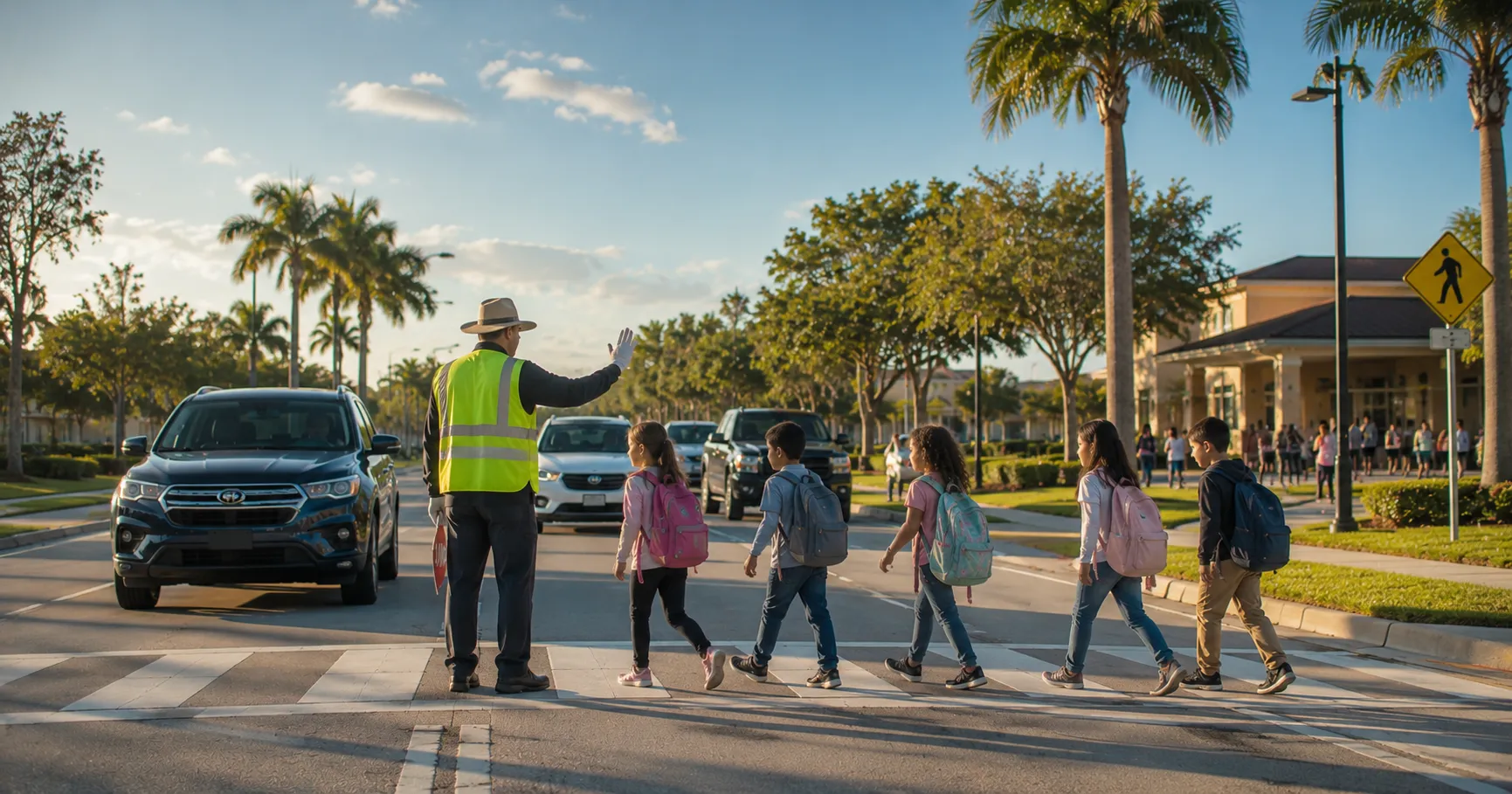 School bus and children crossing a Wesley Chapel street at morning drop-off