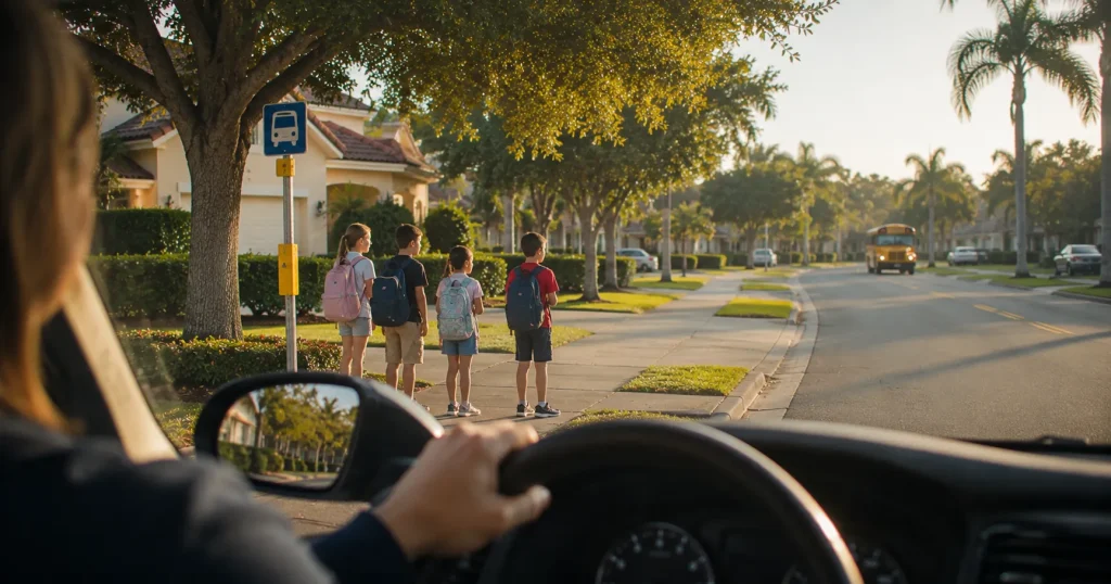 Crossing guard helping children cross safely near a school crosswalk